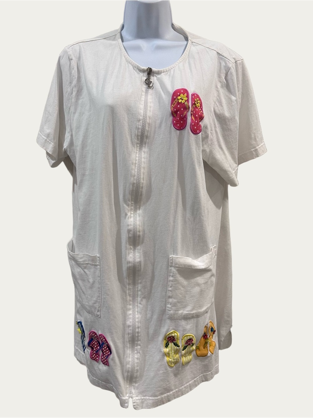 CZ Vintage White Zip-Up Coverup with Colorful Flip-Flop Patches Large